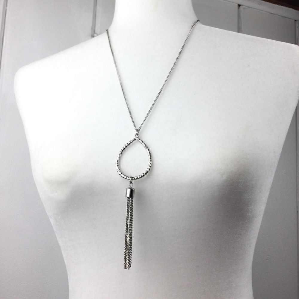 ‎Silver Chain Necklace, Pounded Silver Drop, Tassel